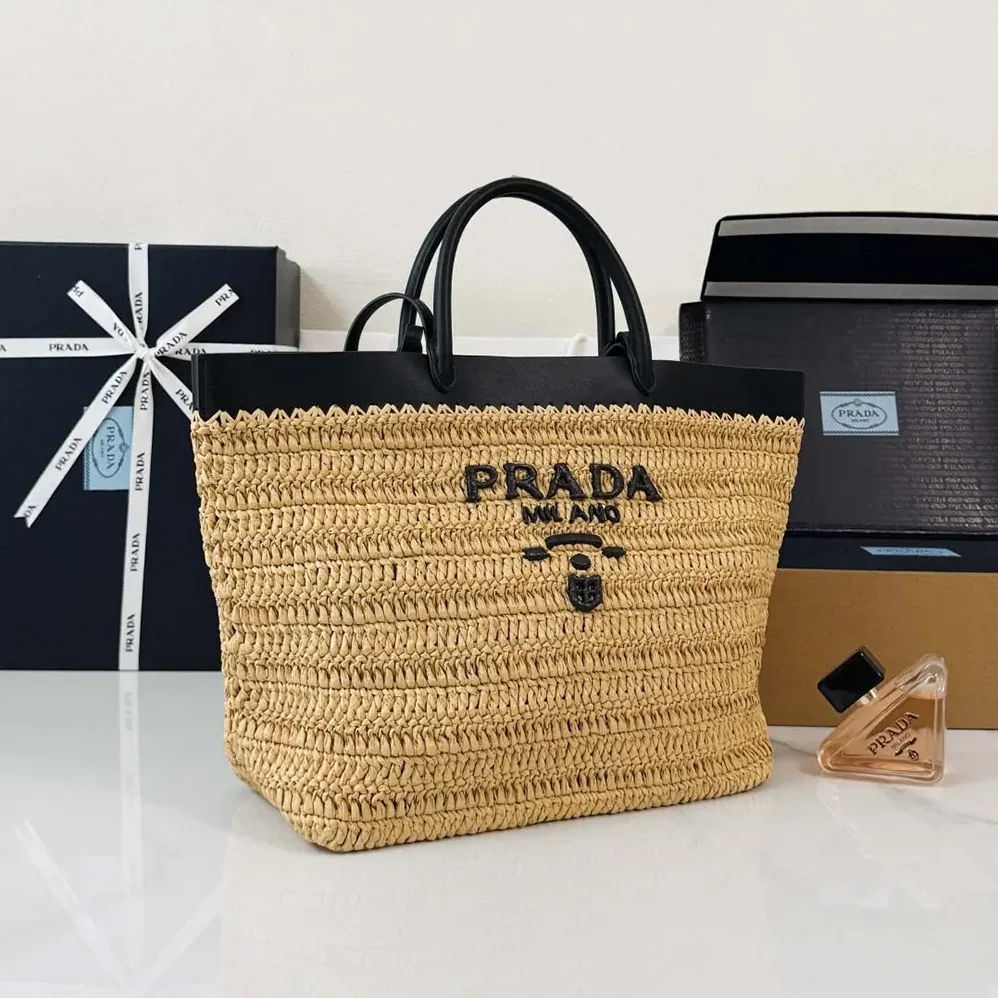 Prada Medium Crochet and Leather Tote Bag for Women in Black