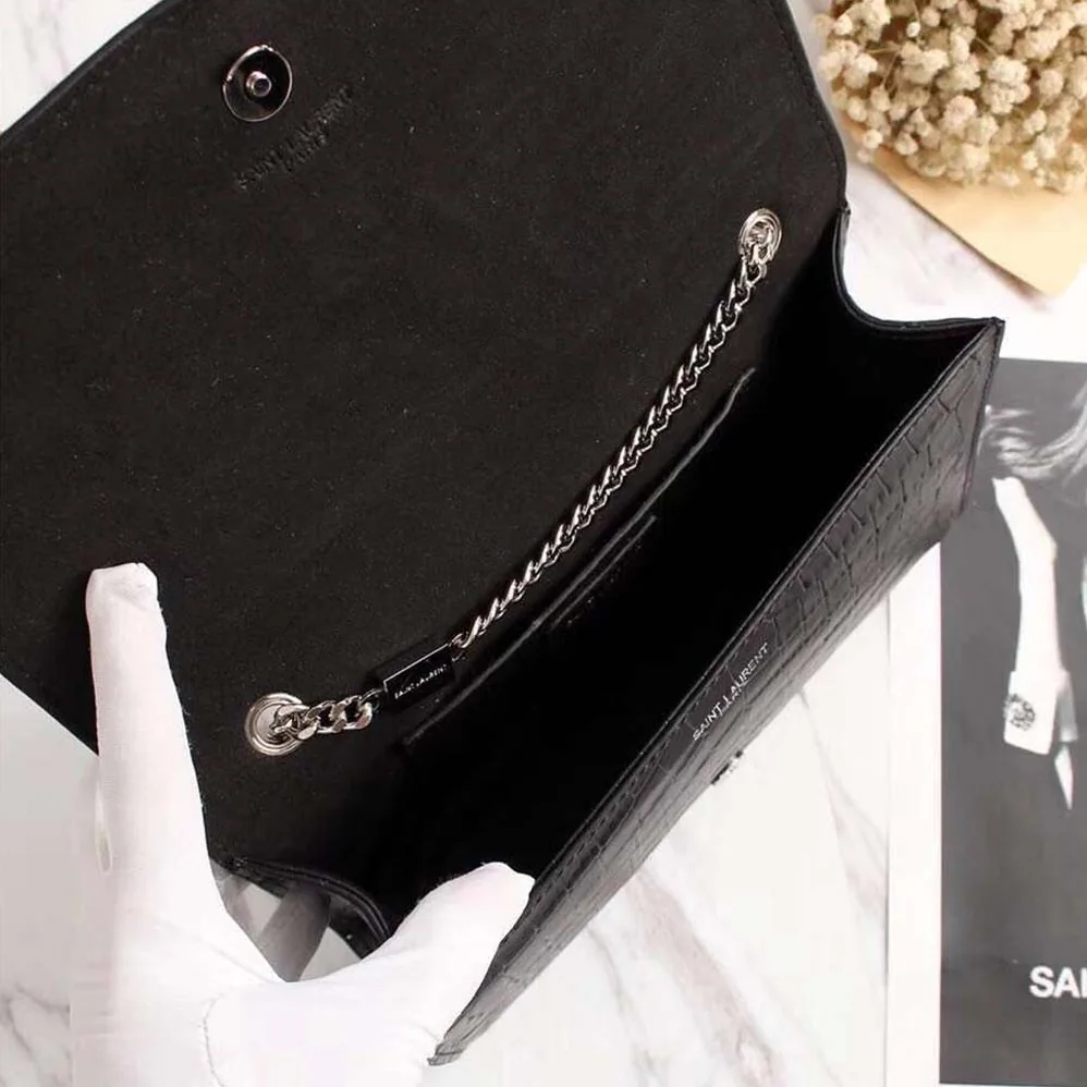 Saint Laurent YSL Kate Small Tassel Embossed Crocodile Shiny Calfskin for Women in Black