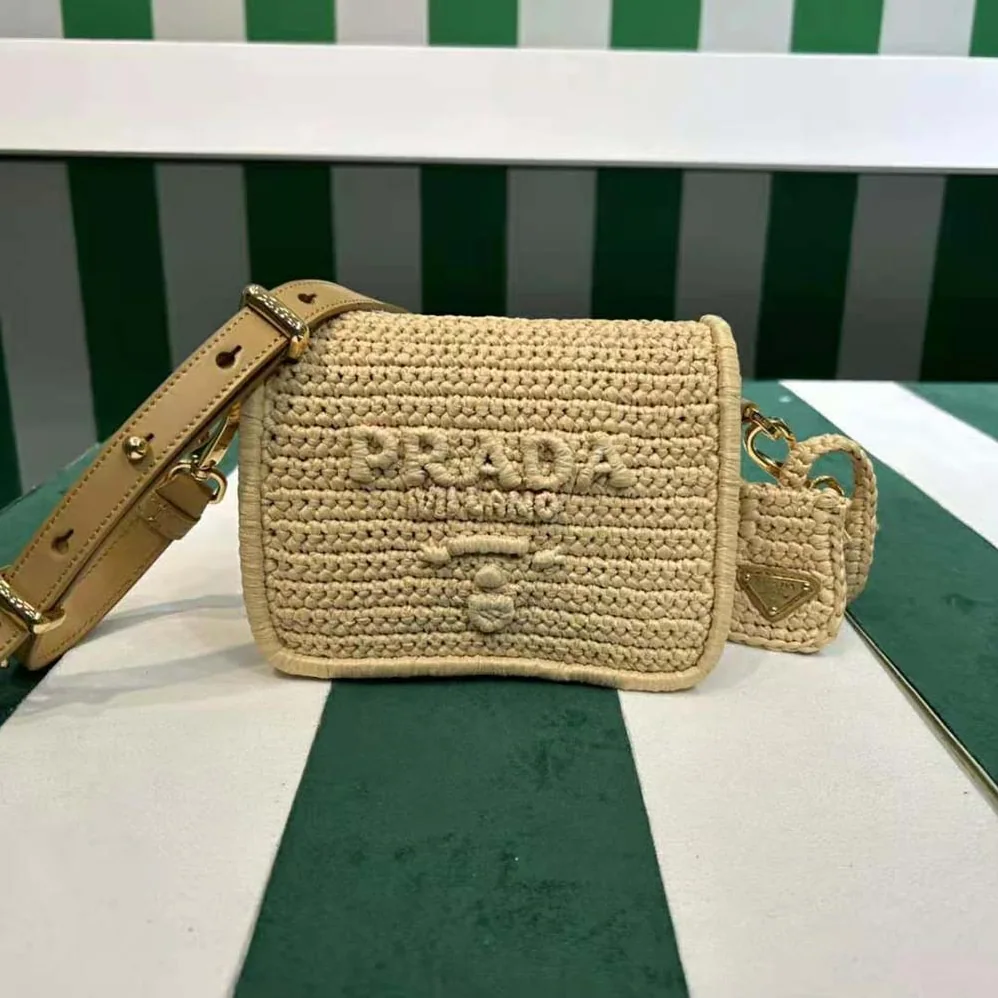 Prada Crochet and Leather Shoulder Bag with Flap for Women Prada Crochet and Leather Shoulder Bag with Flap for Women