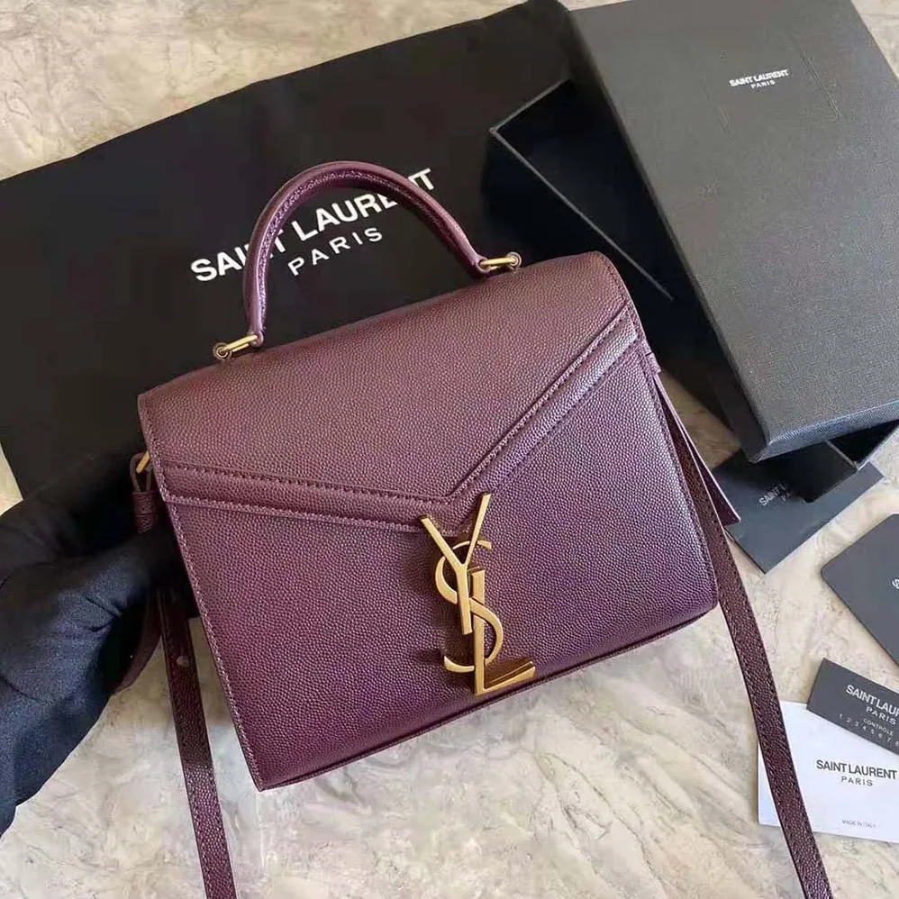 Saint Laurent YSL Cassandra Top Handle Medium Bag in Grain DE Poudre Embossed Leather for Women in Maroon