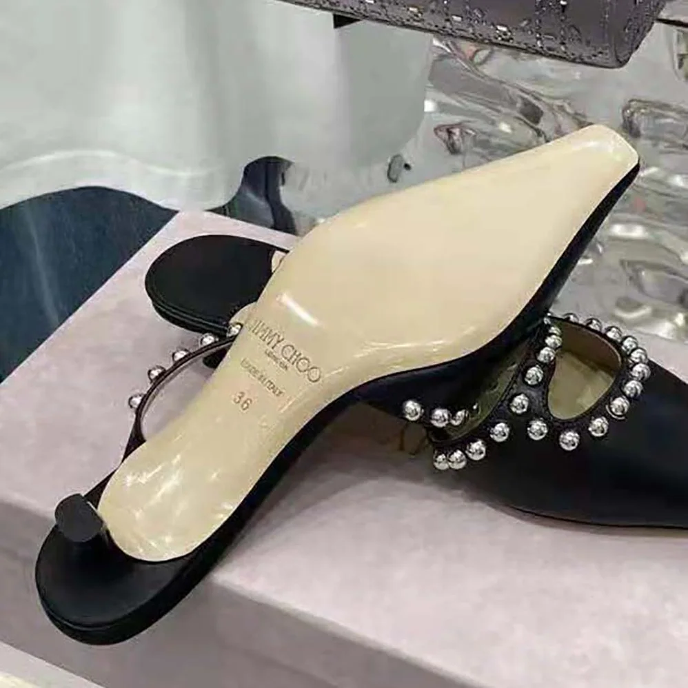Jimmy Choo ROS 35 Black Nappa Leather Mules with Silver Dome Studs for Women Jimmy Choo ROS 35 Black Nappa Leather Mules with Silver Dome Studs for Women