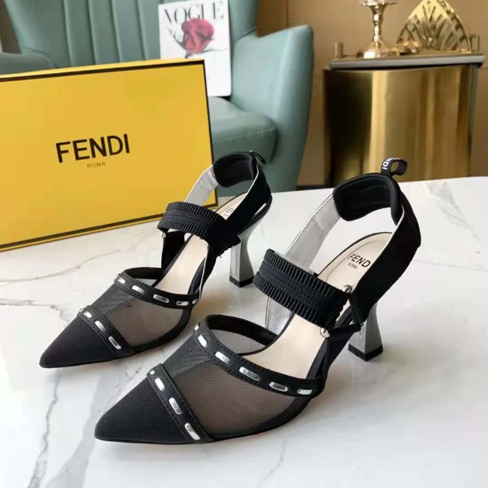 Fendi Colibri Black Mesh High-Heel Slingbacks with Metal Stitches for Women Fendi Colibri Black Mesh High-Heel Slingbacks with Metal Stitches for Women