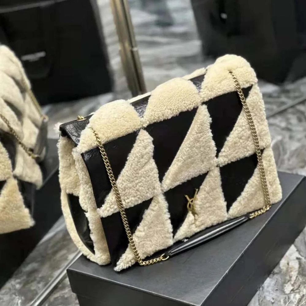 Saint Laurent YSL Jamie Giant Chain Bag “Carré Rive Gauche” in Suede and Shearling Patchwork for Women in Black Saint Laurent YSL Jamie Giant Chain Bag “Carré Rive Gauche” in Suede and Shearling Patchwork for Women in Black