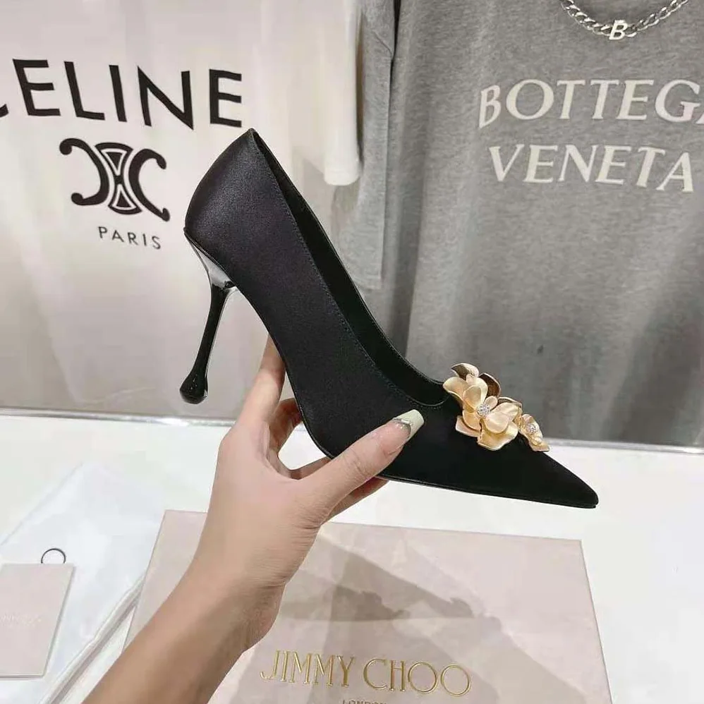 Jimmy Choo Ixia 95 Black Satin Pumps with Flowers-IXIA95BGU for Women