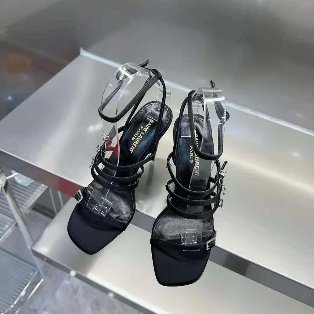 Saint Laurent YSL Jerry Sandals in Crepe Satin and Rhinestones for Women Saint Laurent YSL Jerry Sandals in Crepe Satin and Rhinestones for Women