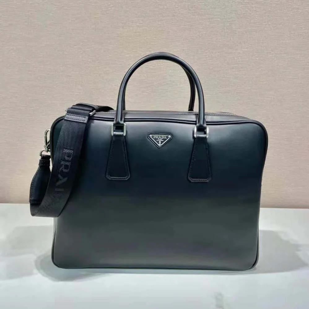 Prada Leather Briefcase with Enameled Metal Triangle Logo for Men Prada Leather Briefcase with Enameled Metal Triangle Logo for Men