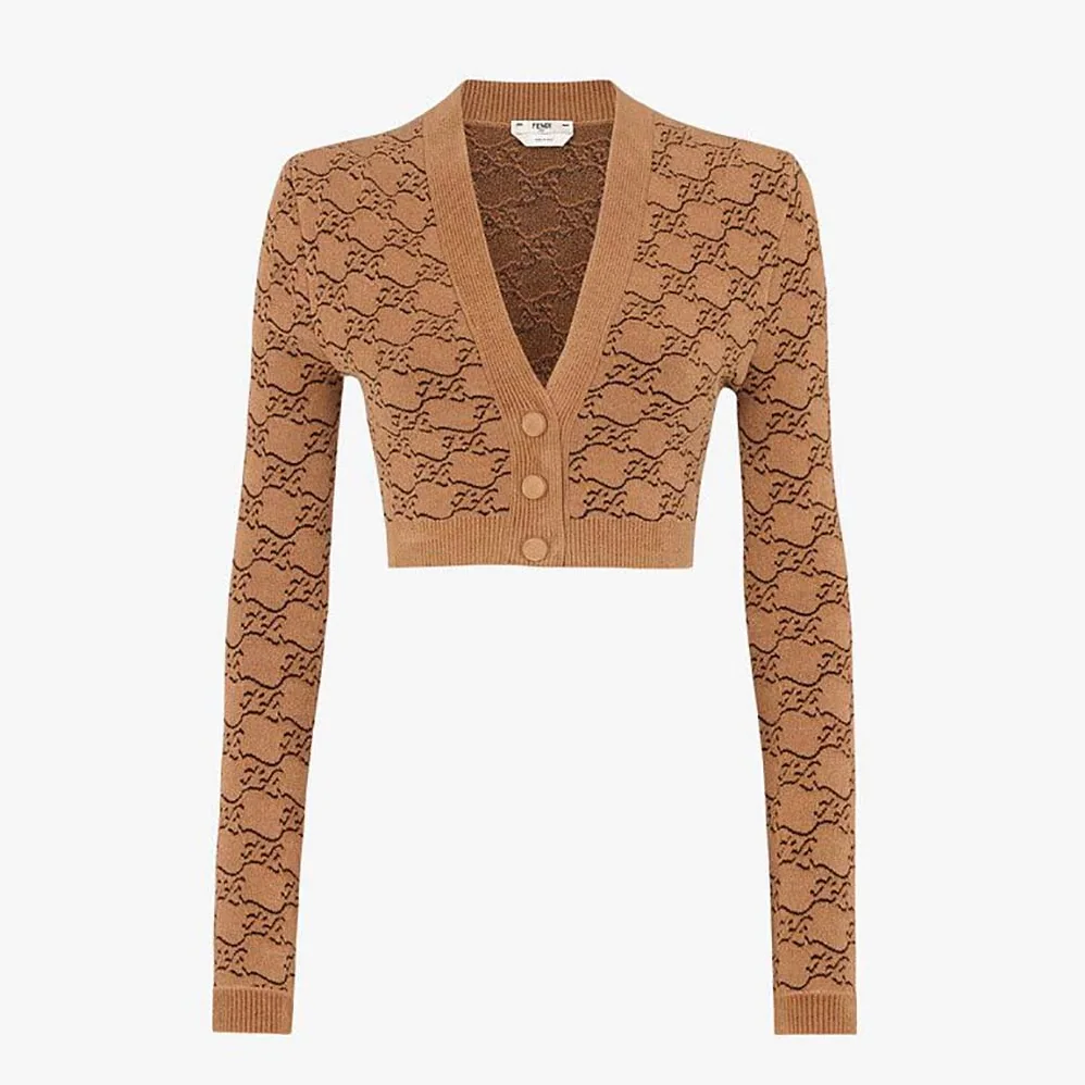 Fendi Beige Velvet and Viscose Cardigan with V Neck and Ribbed Edges for Women Fendi Beige Velvet and Viscose Cardigan with V Neck and Ribbed Edges for Women