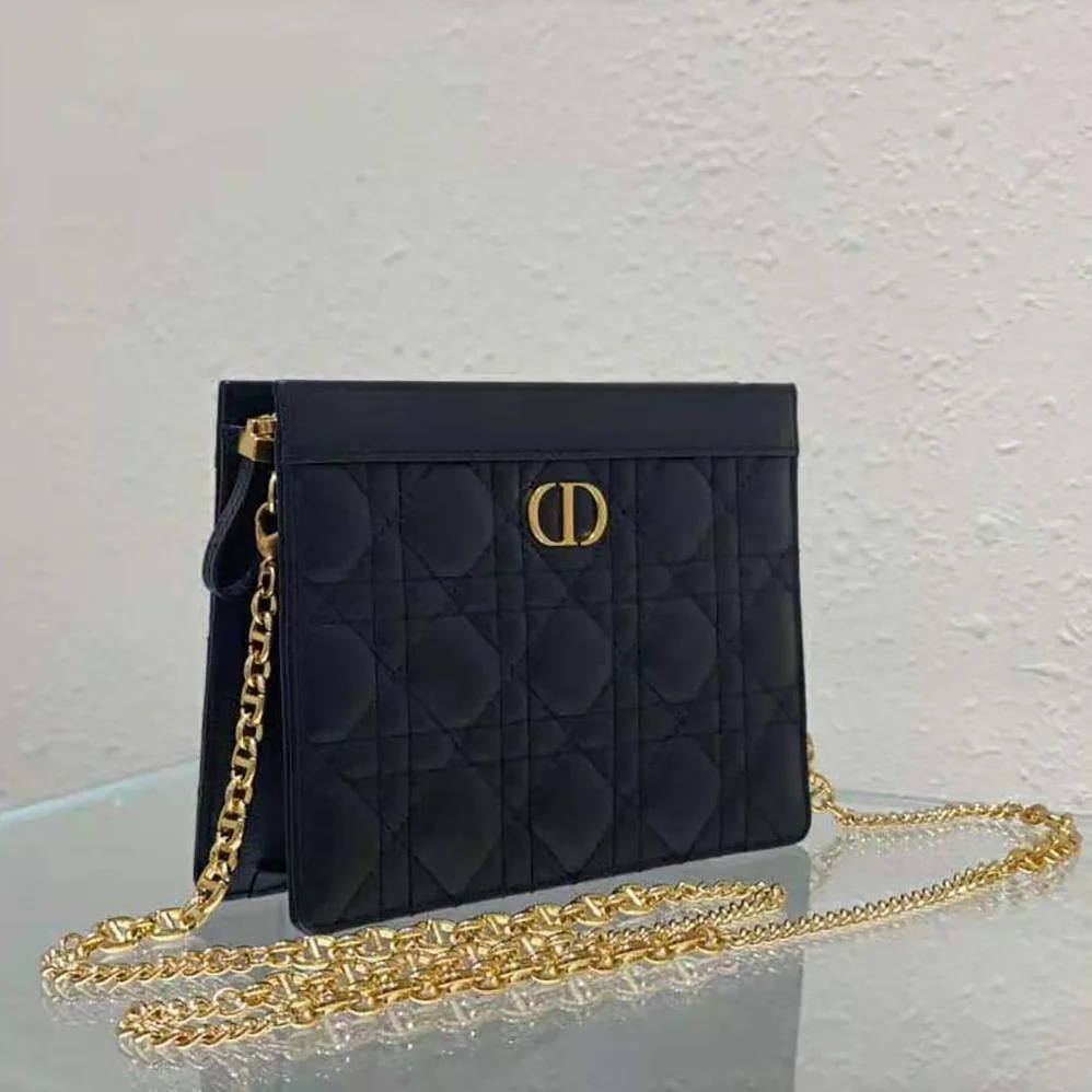 Dior Caro Zipped Pouch with Chain Black Supple Cannage Calfskin for Women