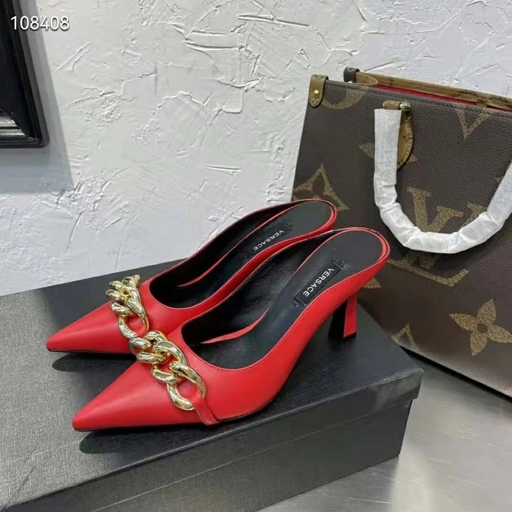 Versace Medusa Chain Nappa Leather Mules for Women in Red