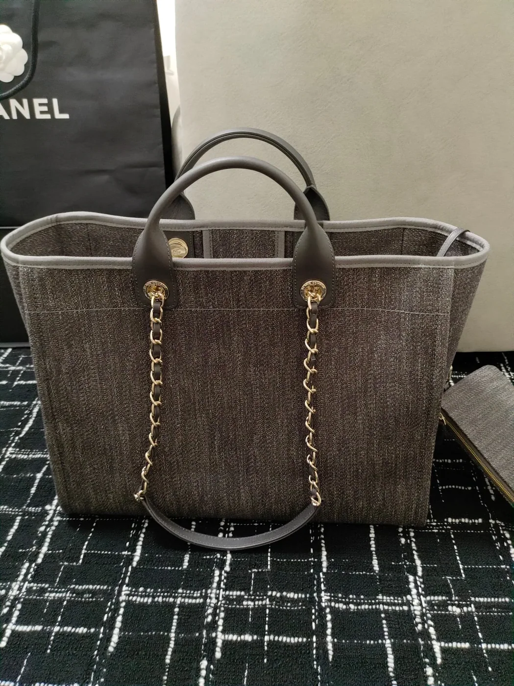 Chanel Deauville Tote Bag Pouch Grey /