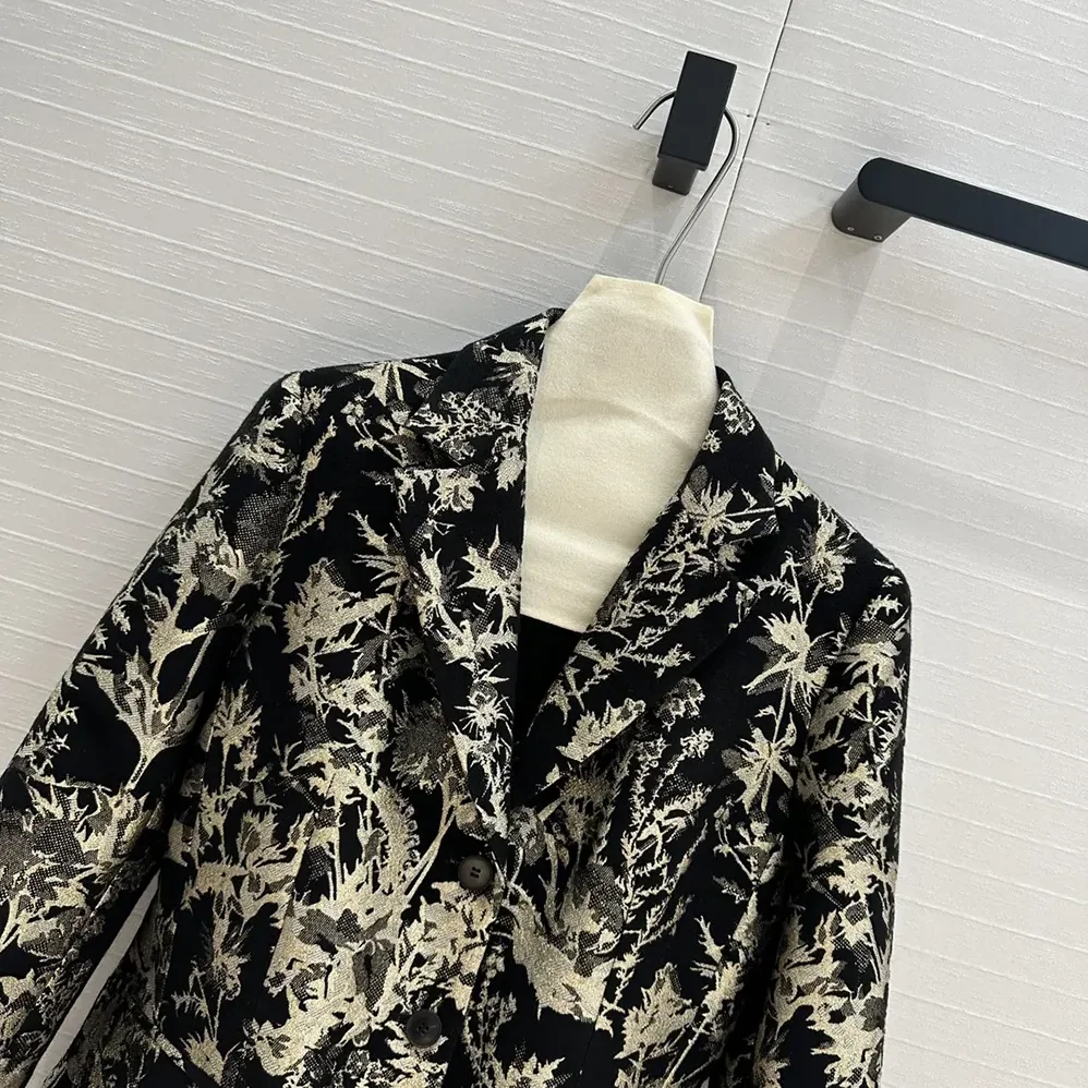 Dior Fitted Jacket Black Technical Fabric with Gold-Tone Dior Chardons Motif in Metallic Thread for Women