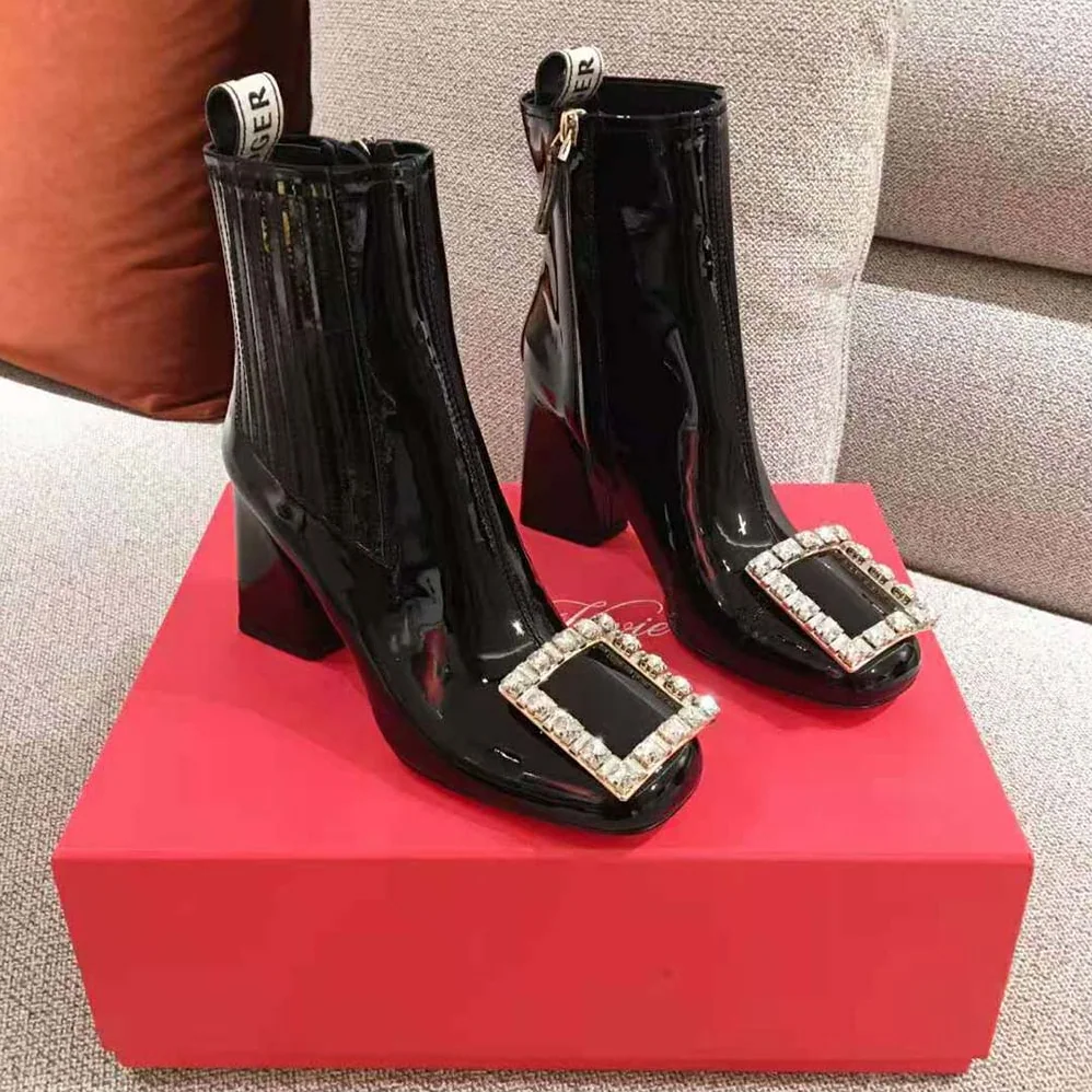 Roger Vivier Tres Vivier Strass Buckle Chelsea Booties in Patent Leather in 8.5cm Heel for Women