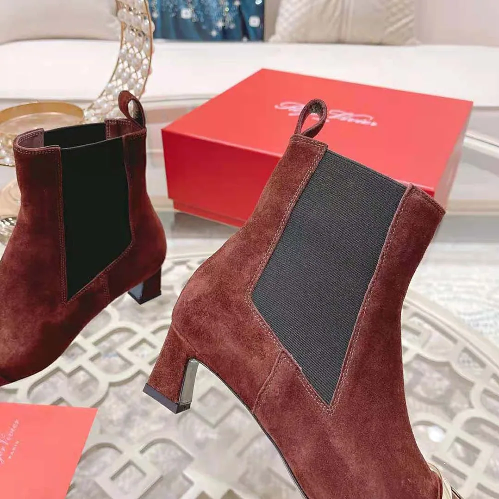 Roger Vivier Trompette Metal Buckle Chelsea Booties in Suede for Women in Maroon Roger Vivier Trompette Metal Buckle Chelsea Booties in Suede for Women in Maroon