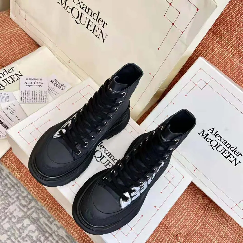 Alexander Mcqueen Tread Slick Boot Black/White Polyfaille Lace for Women in up Boot