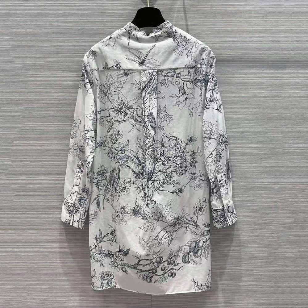 Dior Long Blouse Navy Blue Cotton Voile with Toile de Jouy Flowers Motif for Women