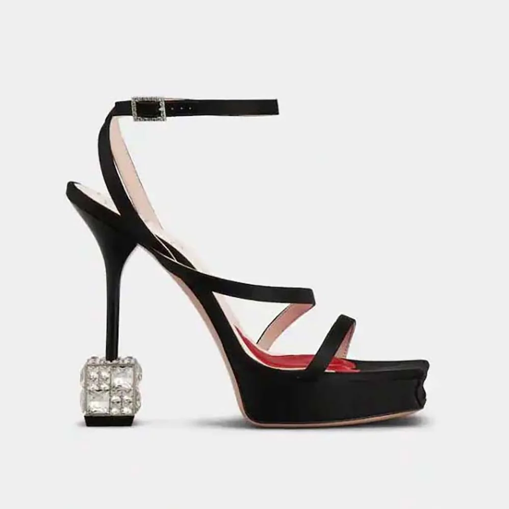 Roger Vivier Cube Strass Heel Sandals in Satin for Women in Black Roger Vivier Cube Strass Heel Sandals in Satin for Women in Black