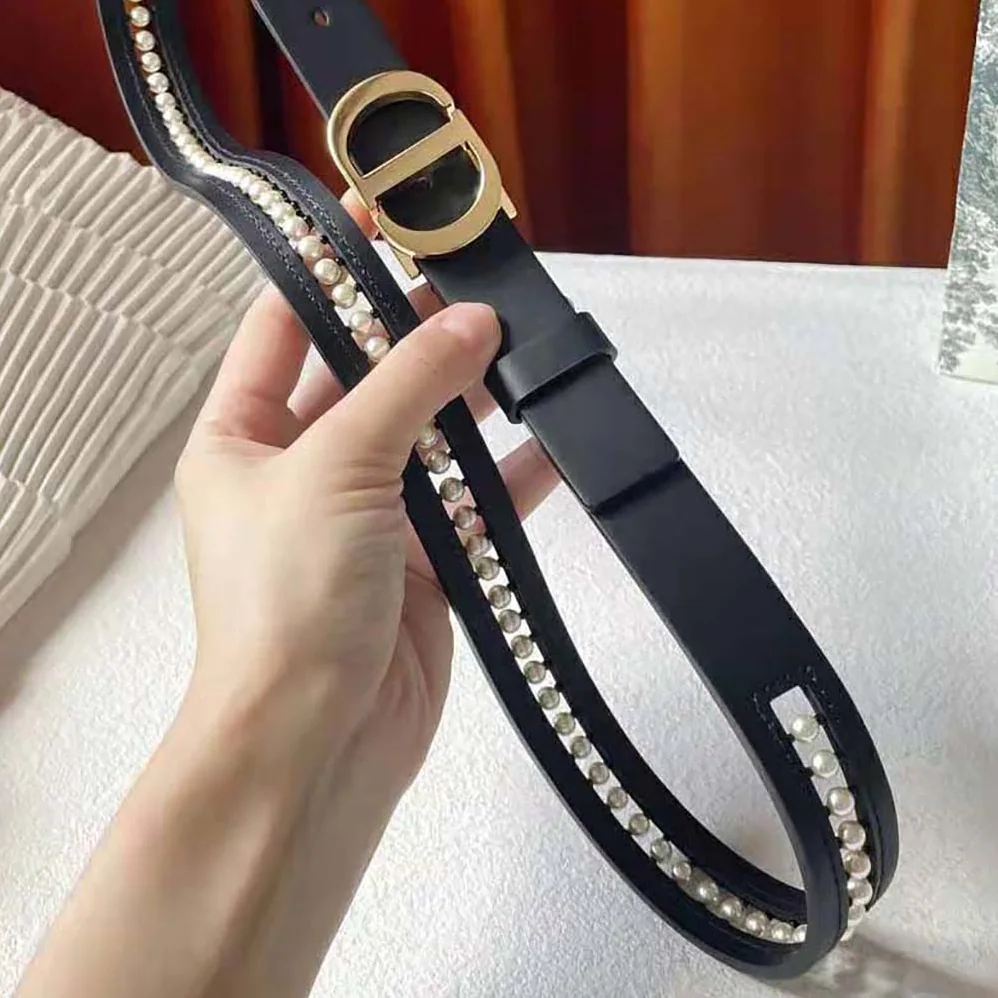 Dior 30 Montaigne Belt Black Smooth Calfskin and White Glass Pearls 25 MM for Women Dior 30 Montaigne Belt Black Smooth Calfskin and White Glass Pearls 25 MM for Women