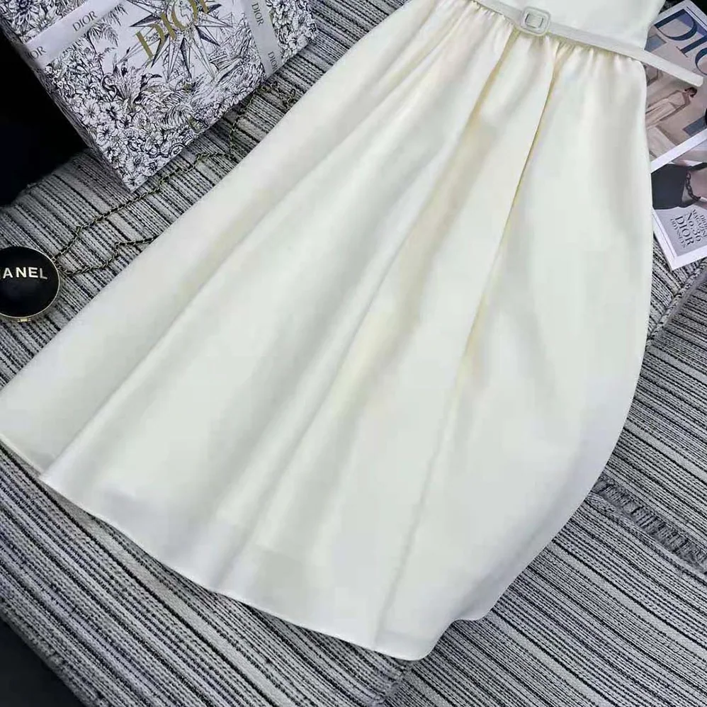 Dior Mid-length Belted Dress Ecru Wool and Silk Shantung for Women Dior Mid-length Belted Dress Ecru Wool and Silk Shantung for Women