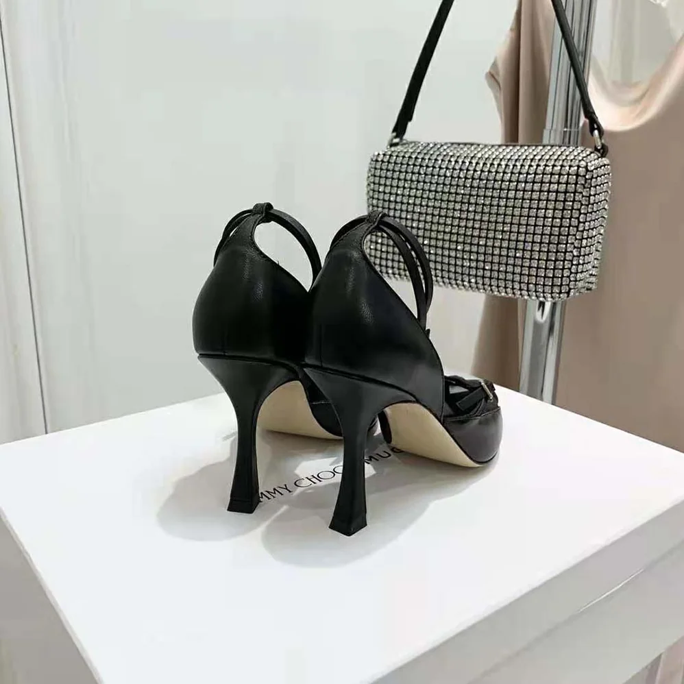 Jimmy Choo Mugler Strap Pump Black Kid Leather and Mesh Pumps with Straps for Women
