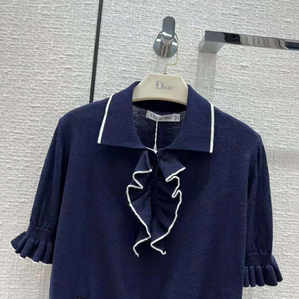 Dior Short-Sleeved Sweater Navy Blue Cashmere and Silk Knit for Women Dior Short-Sleeved Sweater Navy Blue Cashmere and Silk Knit for Women