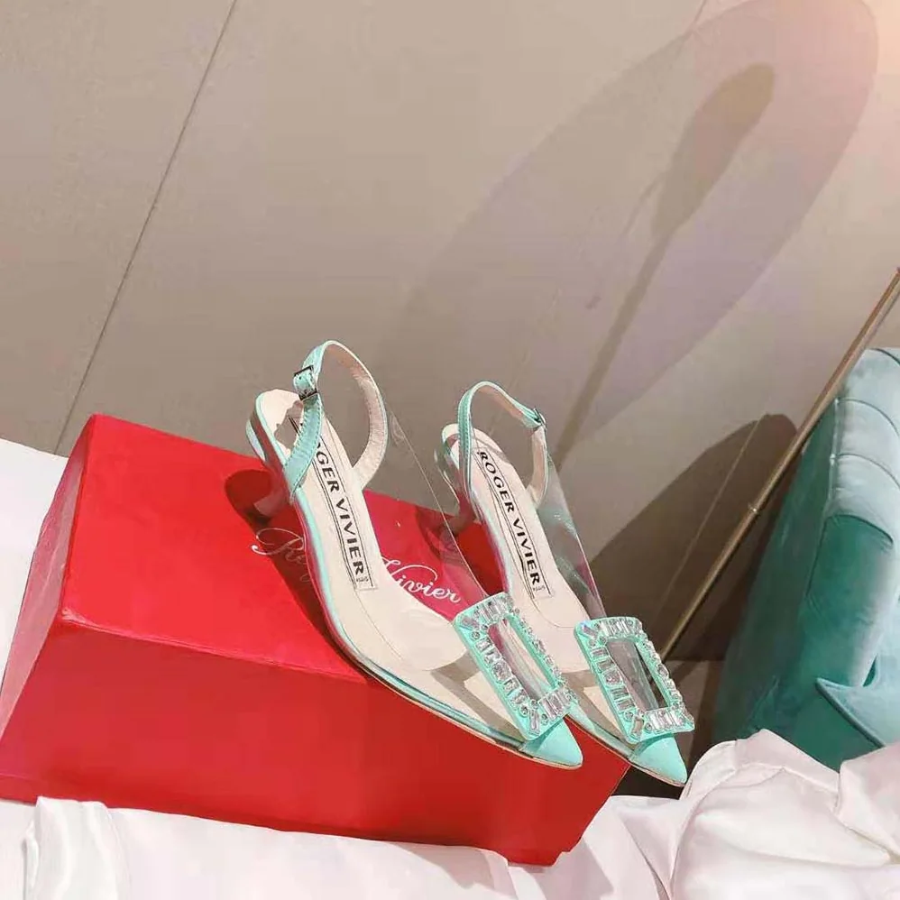 Roger Vivier Virgule Strass Buckle Slingback Pumps in PVC for Women in Lime Roger Vivier Virgule Strass Buckle Slingback Pumps in PVC for Women in Lime