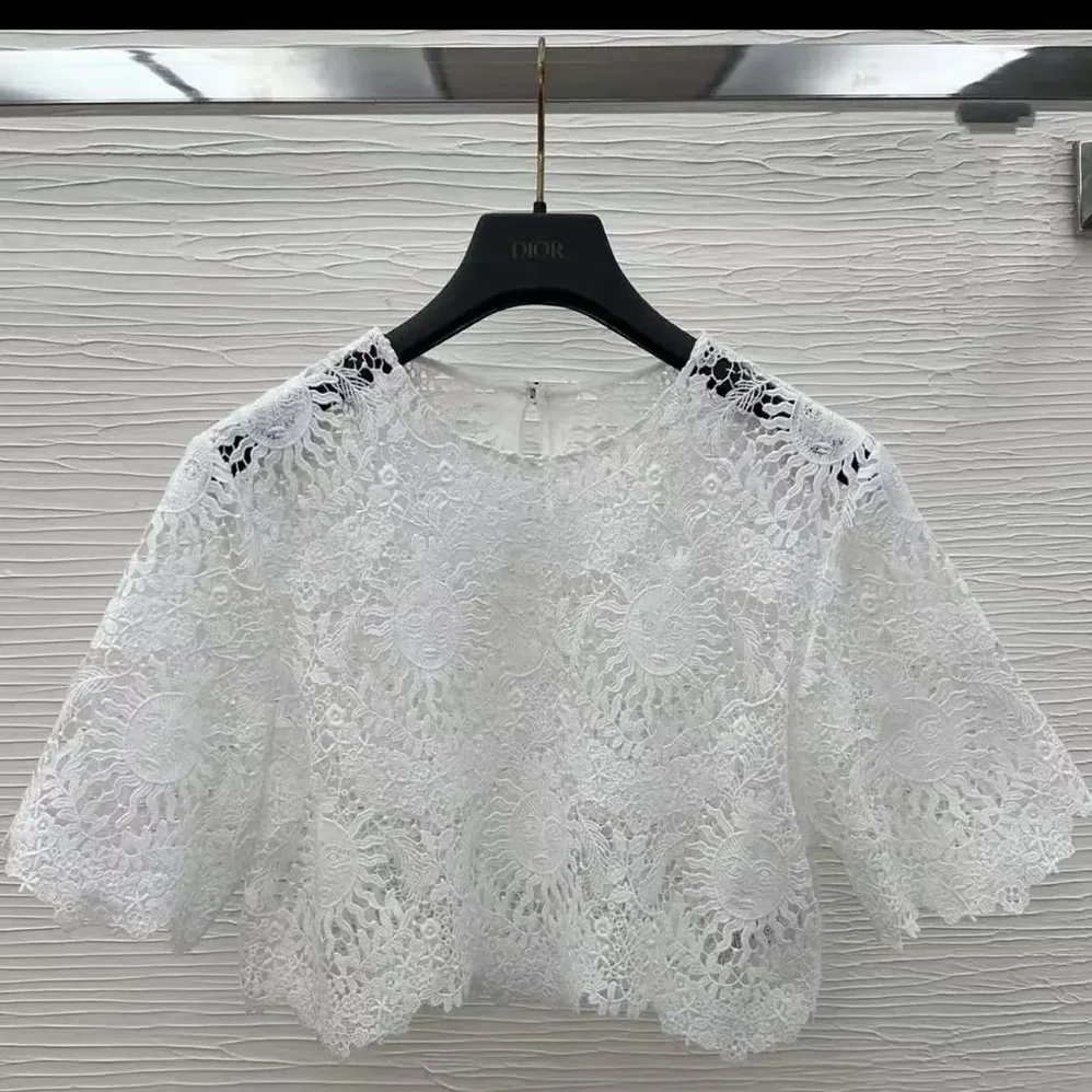 Dior Dioriviera Cropped Short-Sleeved Top Ecru Toile de Jouy Soleil Technical Cotton Lace for Women