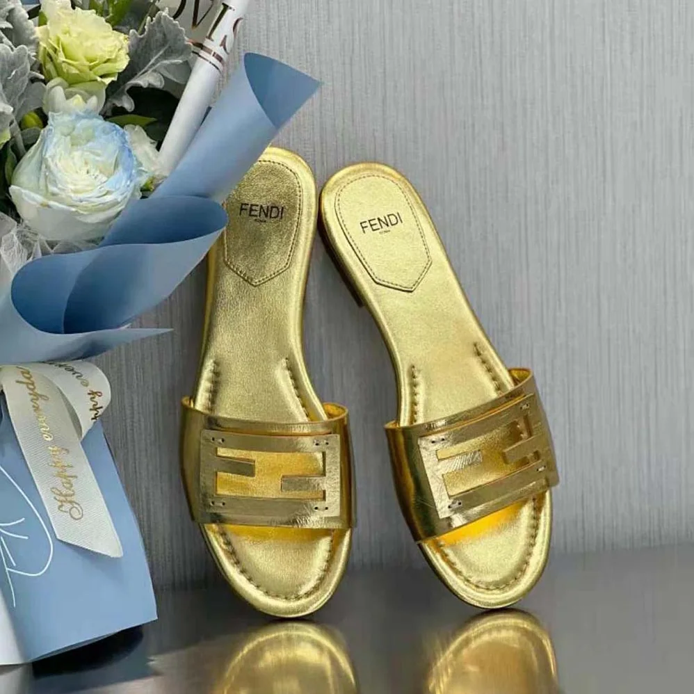 Fendi Baguette Gold Nappa Leather Slides for Women Fendi Baguette Gold Nappa Leather Slides for Women