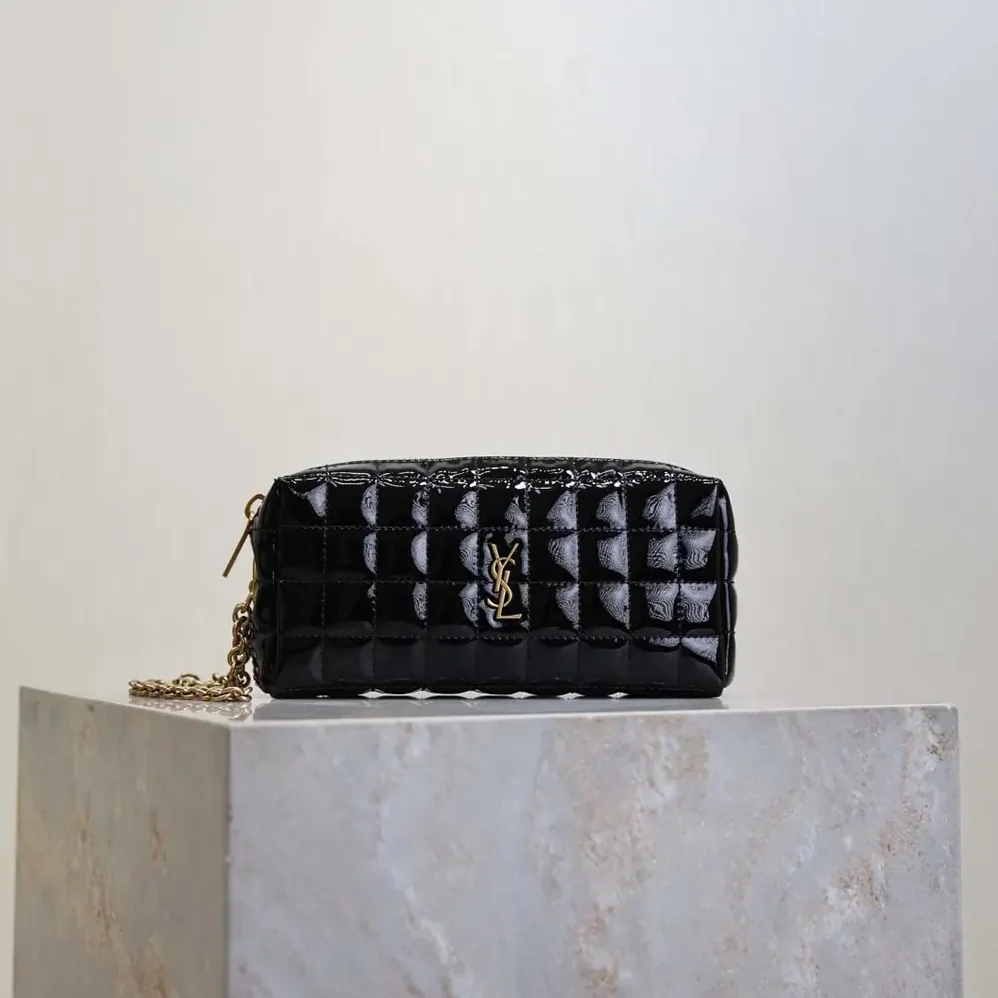 Saint Laurent YSL Cassandre Matelassé Carré Pouch On Chain In Shiny Canvas for Women in Black Saint Laurent YSL Cassandre Matelassé Carré Pouch On Chain In Shiny Canvas for Women in Black