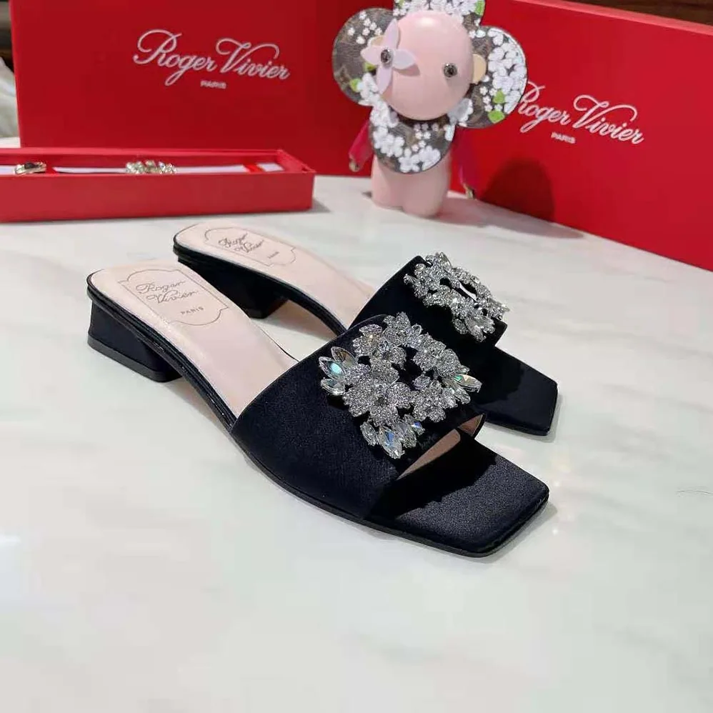 Roger Vivier RV Bouquet Strass Buckle Mules in Satin 2.5cm Heel for Women Roger Vivier RV Bouquet Strass Buckle Mules in Satin 2.5cm Heel for Women