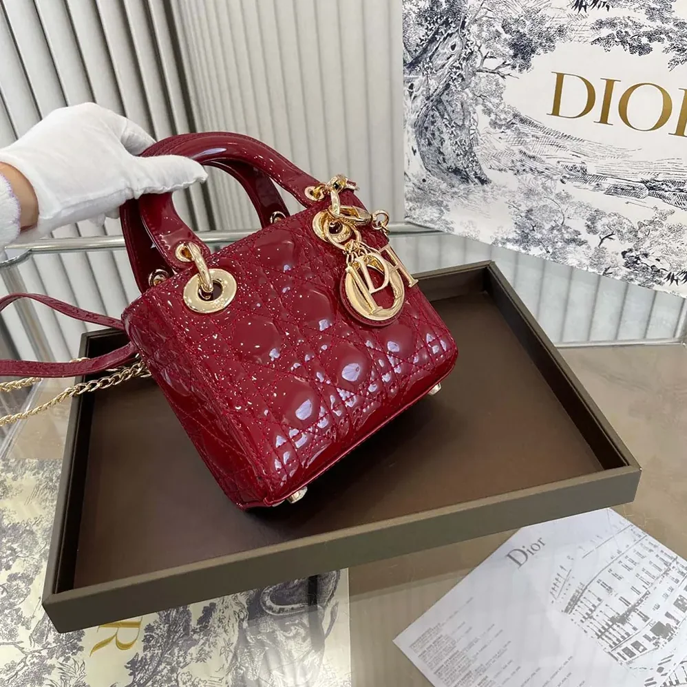 Dior Mini Lady Dior Bag Cherry Red Patent Cannage Calfskin for Women