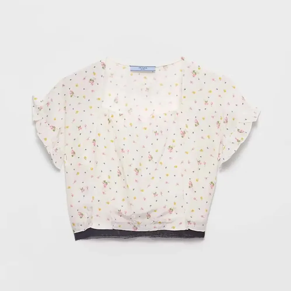 Prada Short-sleeved Floral Print Pongé Crop Top for Women Prada Short-sleeved Floral Print Pongé Crop Top for Women