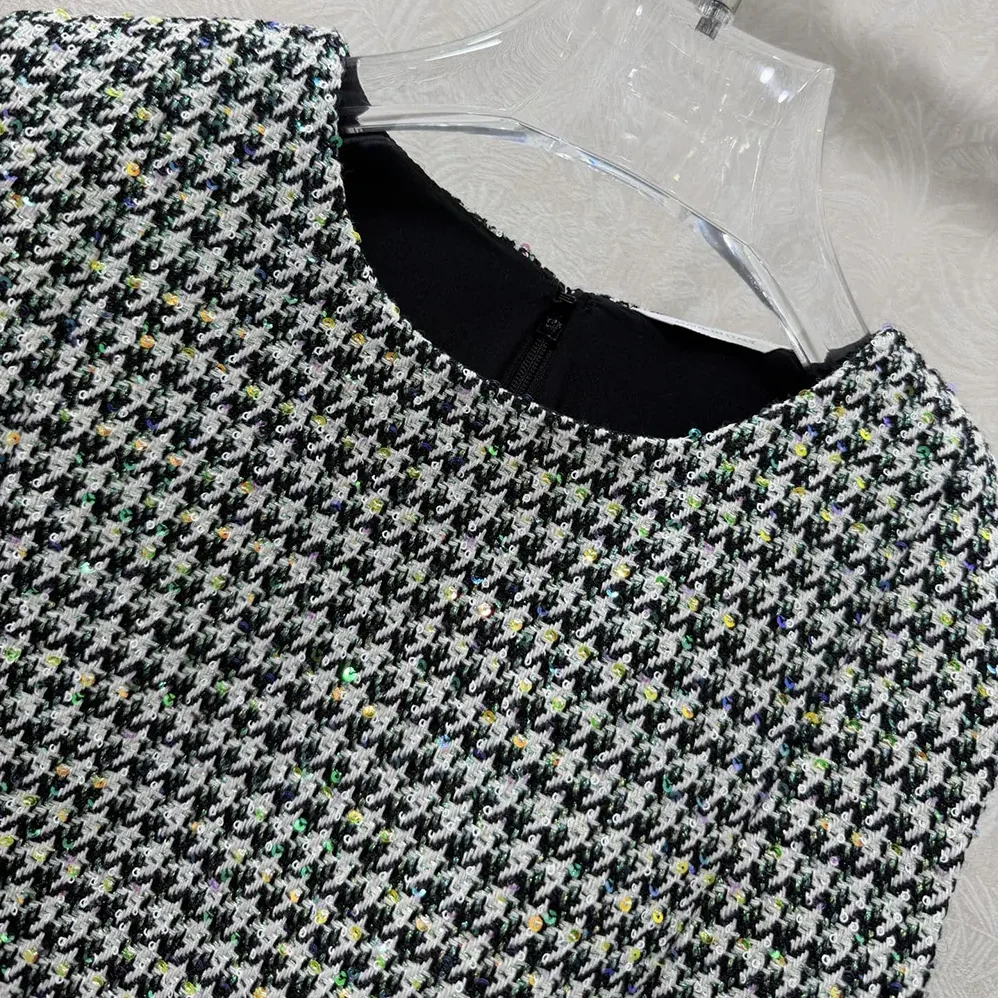 Dior Straight Dress Black and White Houndstooth Virgin Wool Blend with Multicolor Sequins for Women