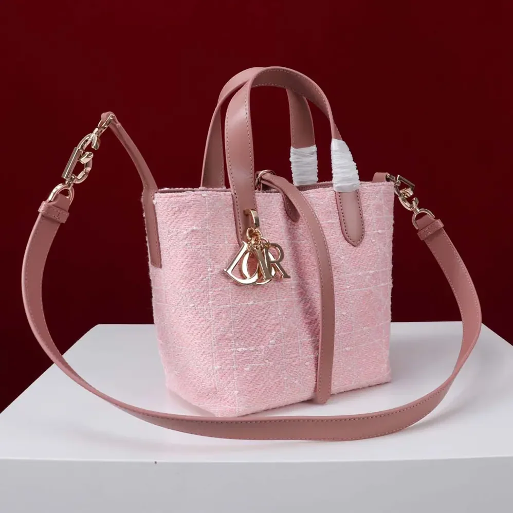 Dior Small Dior Toujours Vertical Tote Bag Pink Tweed with White Cannage Motif for Women