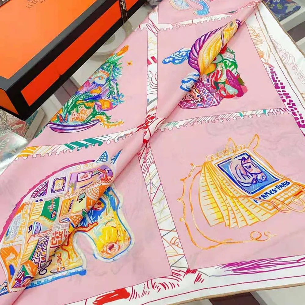 Hermes Chevaloscope Scarf 90 in Silk Twill with Hand-Rolled Edges for Women in Pink Hermes Chevaloscope Scarf 90 in Silk Twill with Hand-Rolled Edges for Women in Pink