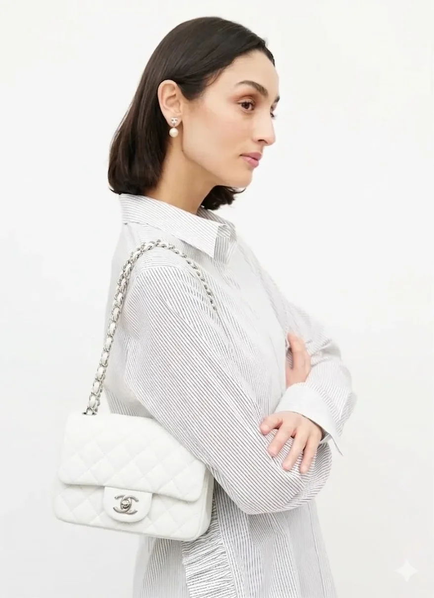 Chanel Classic Flap Bag Mini Crossbody in White Silver Hardware
