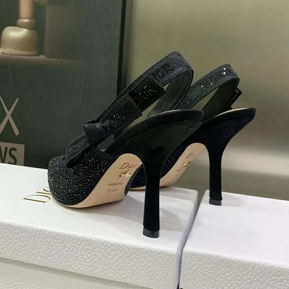 Dior J'Adior Slingback Pump Black Cotton Embroidered with Strass for Women Dior J'Adior Slingback Pump Black Cotton Embroidered with Strass for Women
