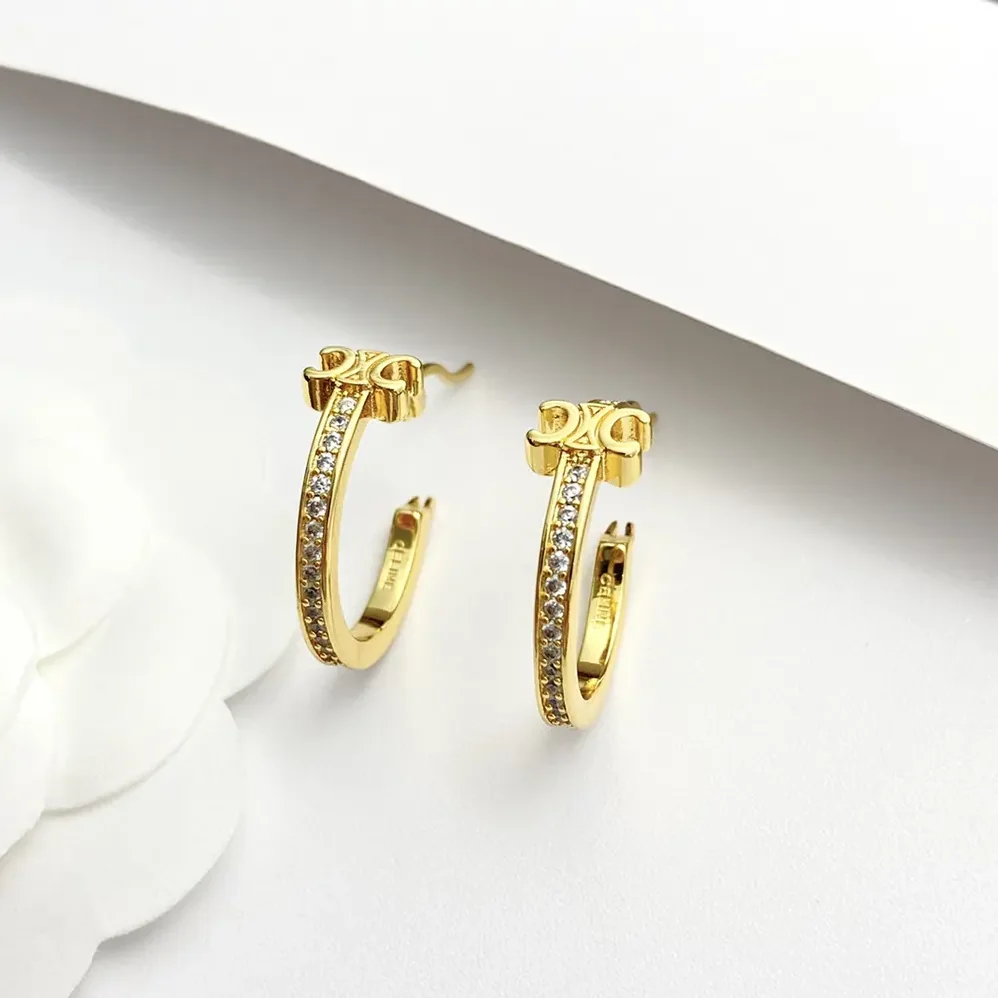Celine Triomphe Sparkle Hoops in Strass and Brass with Gold Finish for Women