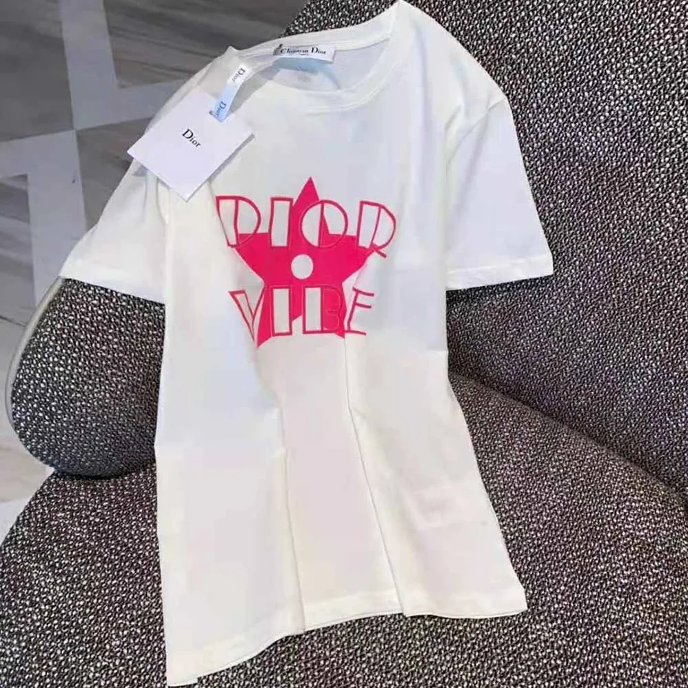 Dior Vibe T-shirt Ecru and Fluorescent Pink Cotton and Linen Jersey for Women