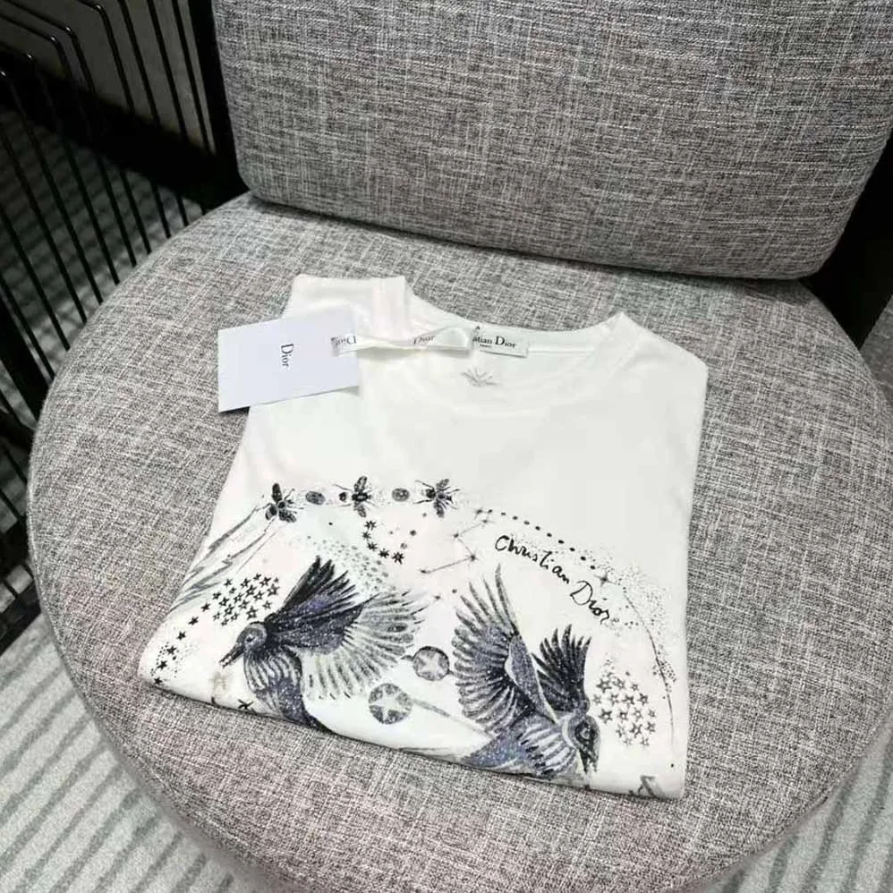 Dior T-shirt White Cotton Jersey and Linen with Black Gemini Motif for Women