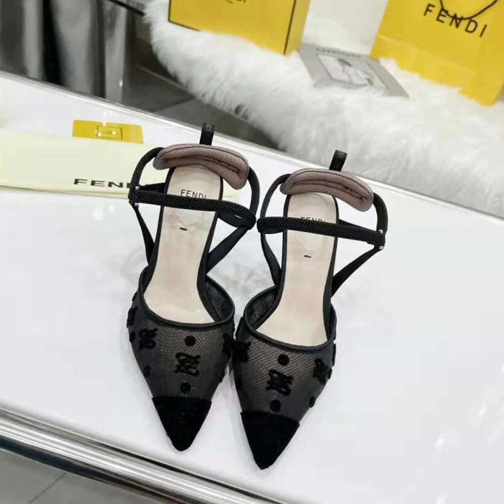 Fendi Colibri Lite High-Heeled Black Mesh and FF Karligraphy Slingbacks for Women Fendi Colibri Lite High-Heeled Black Mesh and FF Karligraphy Slingbacks for Women