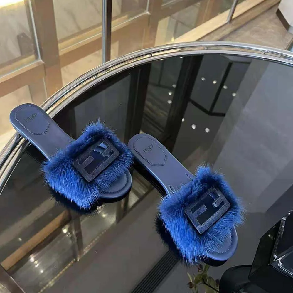 Fendi Baguette Blue Mink Slides for Women Fendi Baguette Blue Mink Slides for Women