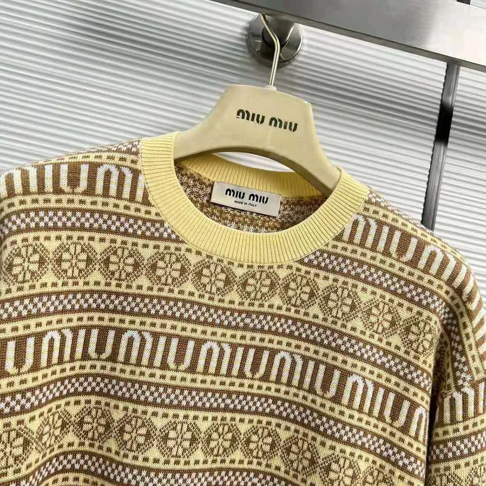 Miu Miu Wool Sweater with Jacquard Logo for Women in Yellow