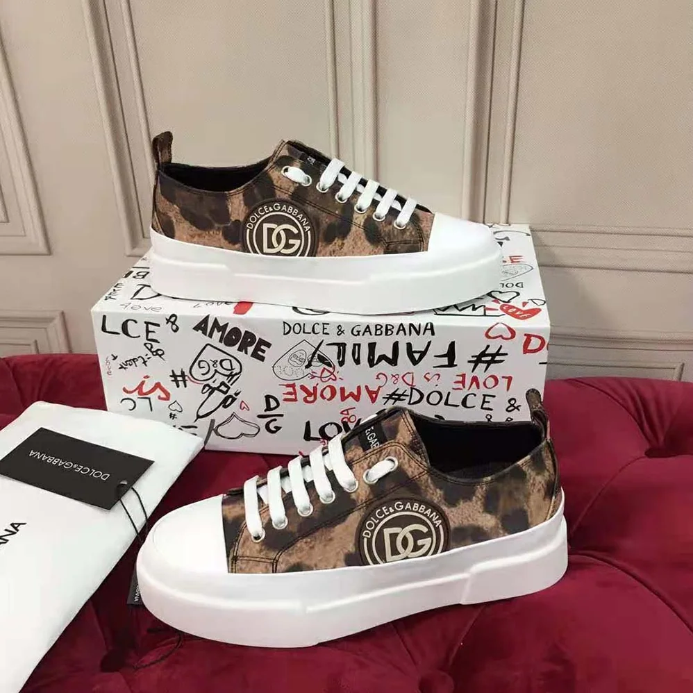 Dolce Gabbana D&G Cotton Drill Portofino Light Sneakers with Leopard Print and DG Logo for Women
