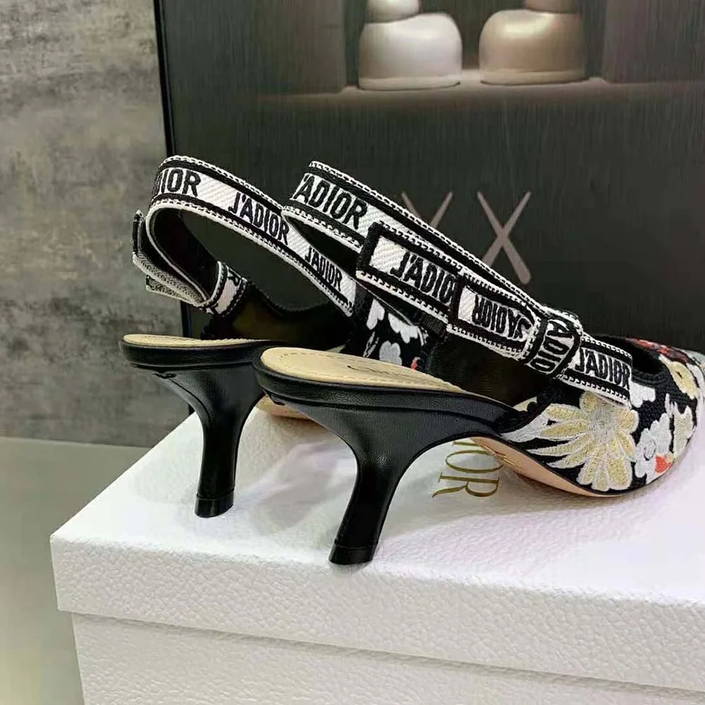 Dior J'adior Slingback Pump Black Multicolor Embroidered Cotton with Toile de Jouy Pop Motif for Women