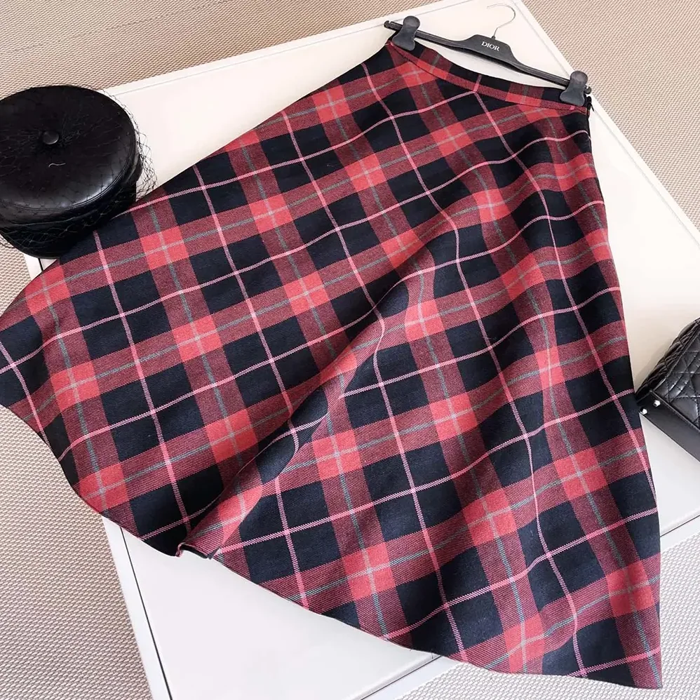 Dior Flared Mid-Length Skirt Pink Gray and White Check'n'Dior Virgin Wool for Women Dior Flared Mid-Length Skirt Pink Gray and White Check'n'Dior Virgin Wool for Women