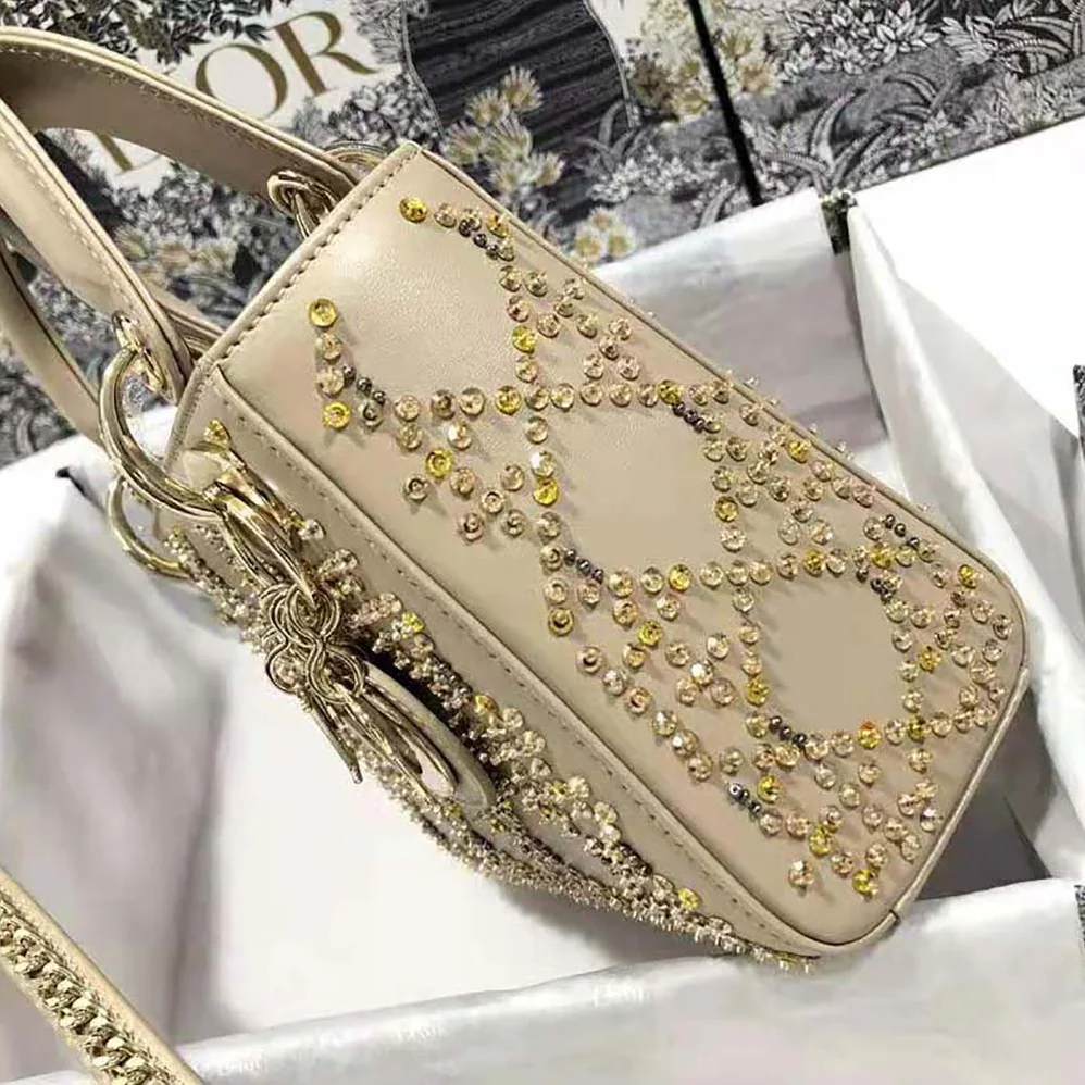 Dior Mini Lady Dior Bag Metallic Cannage Calfskin with Platinum Beaded Embroidery for Women