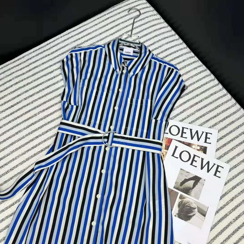 Burberry Striped Silk Shirt Dress for Women in Blue
