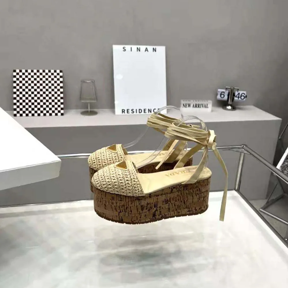 Prada Crochet Wedge Sandals with Enameled Metal Triangle Logo for Women in Beige Prada Crochet Wedge Sandals with Enameled Metal Triangle Logo for Women in Beige