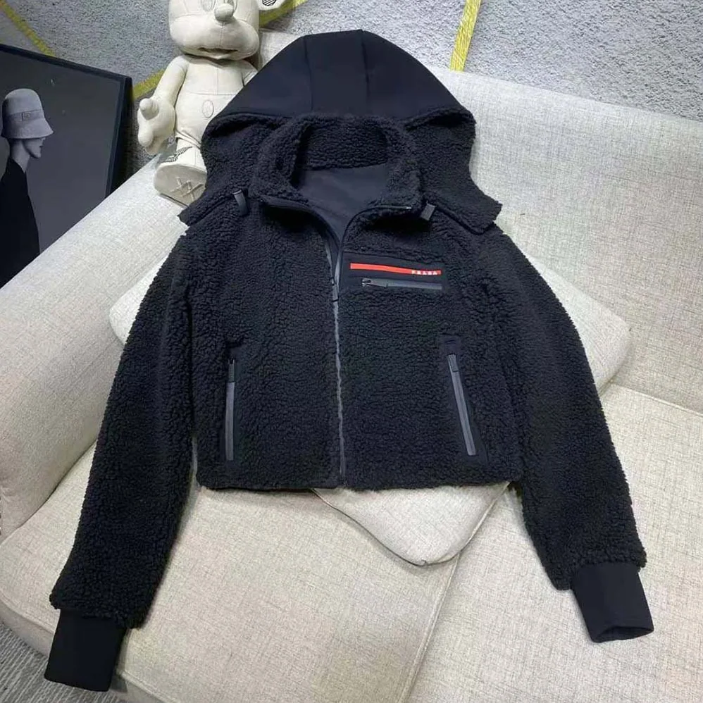 Prada Cropped Recycled Fleece Down Jacket for Women in Black Prada Cropped Recycled Fleece Down Jacket for Women in Black