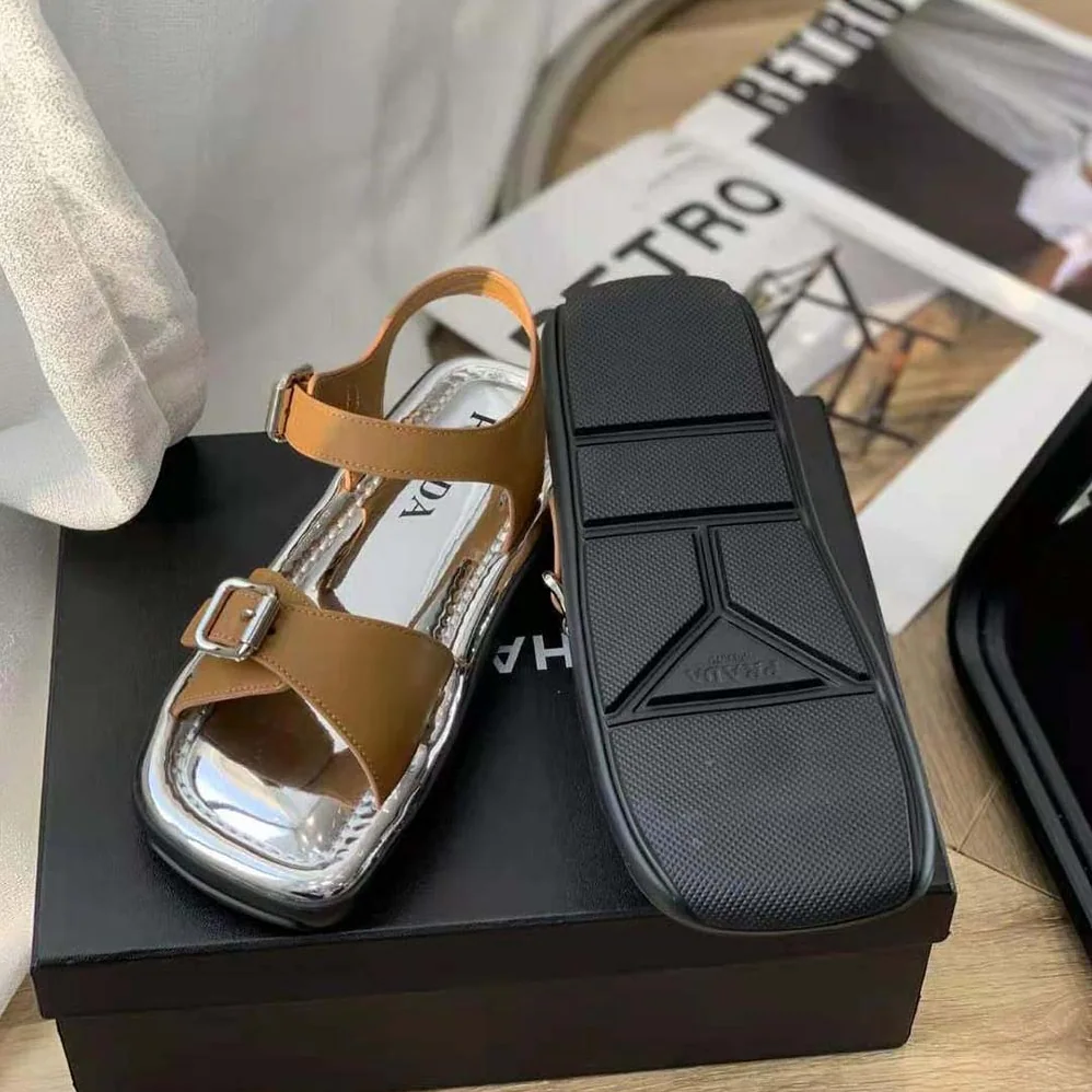 Prada Flat Rectangular Leather Sandals for Women in Brown Prada Flat Rectangular Leather Sandals for Women in Brown
